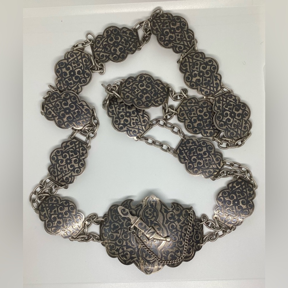 Antique Imperial Russian Silver Niello Belt with Sword